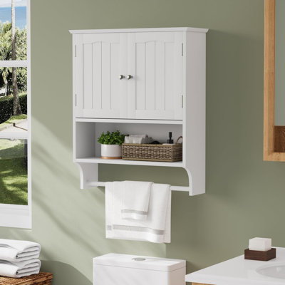 White Bathroom Cabinet Wall Mounted With Towels Bar, Bathroom Medicine Cabinet With 2 Door Adjustable Shelves, Over Toilet Cabinet For Bathroom Laundry Room Kitchen