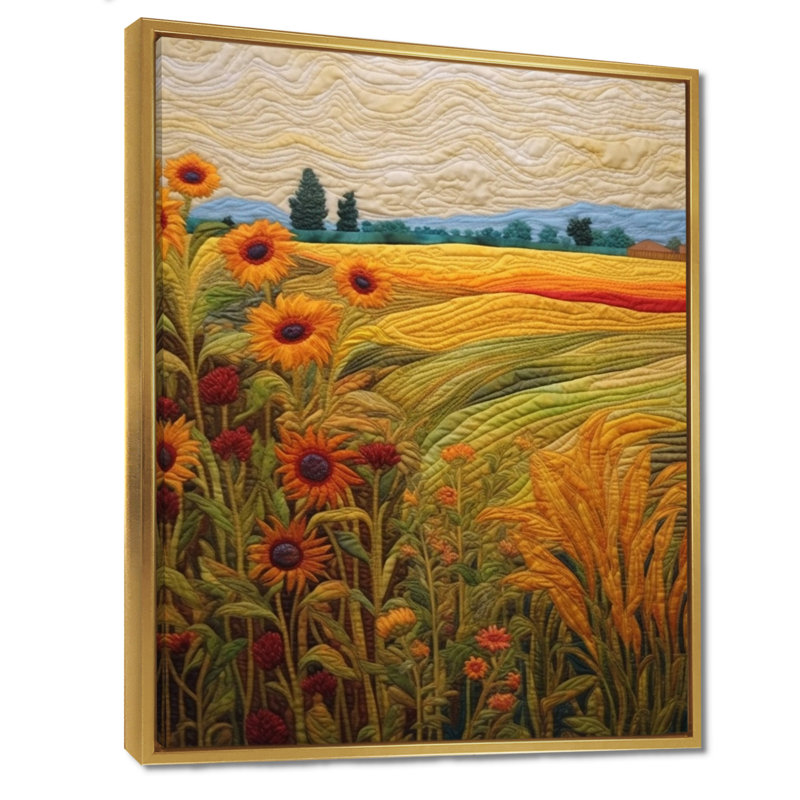 Tournesols près du pré vert - prairie, art mural, H 44 po x l 34 po x P 1,5 po, Toile avec cadre flottant or