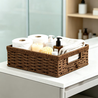 Wicker Baskets for Organizing, Rattan Woven Storage Baskets with Built-in Handles, Natural Water Hyacinth and Metal Frame, Sturdy Rectangular Bins for Shelves, Closet, Kitchen, Bathroom, and Living Room