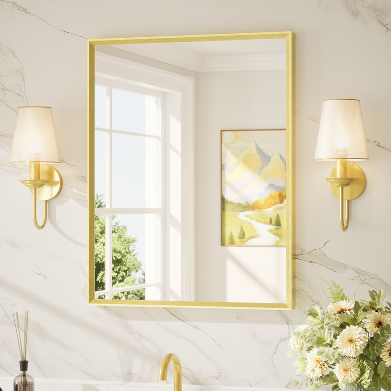 Miroir de salle de bain avec cadre en aluminium et verre trempé, 30 po x 24 po, Or brossé, Rectangulaire