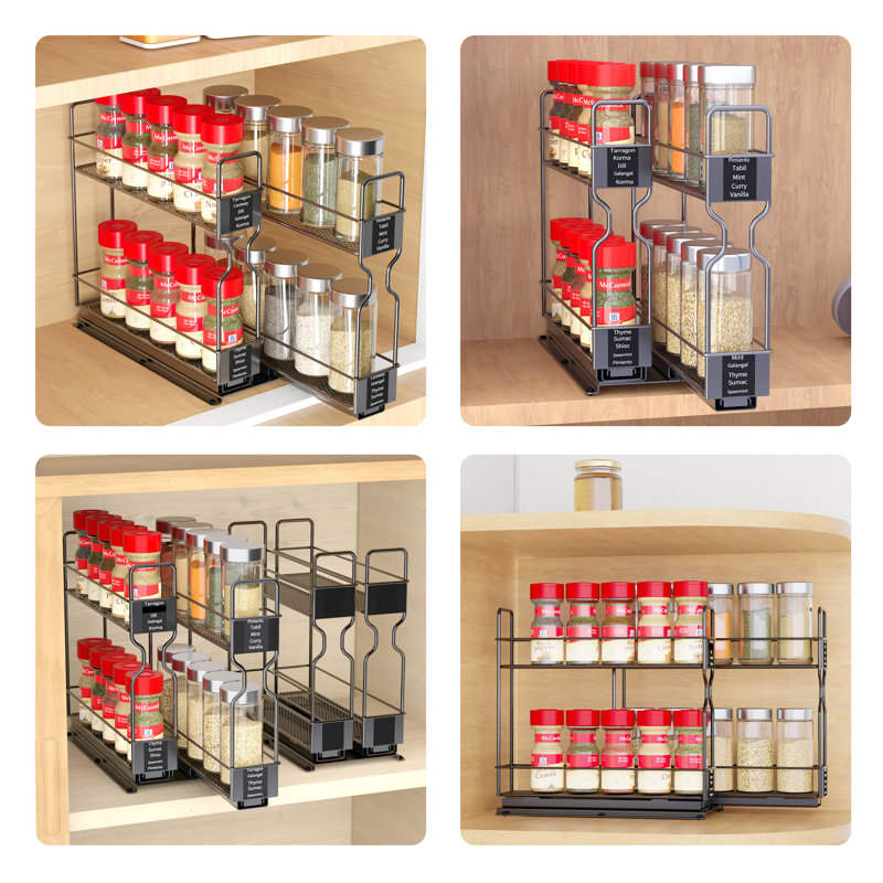 Heavy Duty Black Steel Pull Out Spice Rack Organizer with Labels