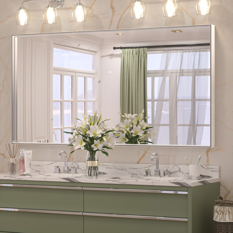 Miroir de salle de bain rectangulaire avec cadre en aluminium et verre trempé, Argent, 60 po x 30 po