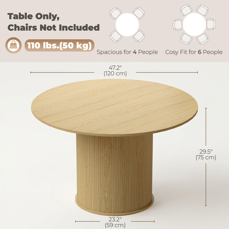 Table de salle à manger ronde, table de cuisine avec piédestal cannelé, naturel, Bois naturel