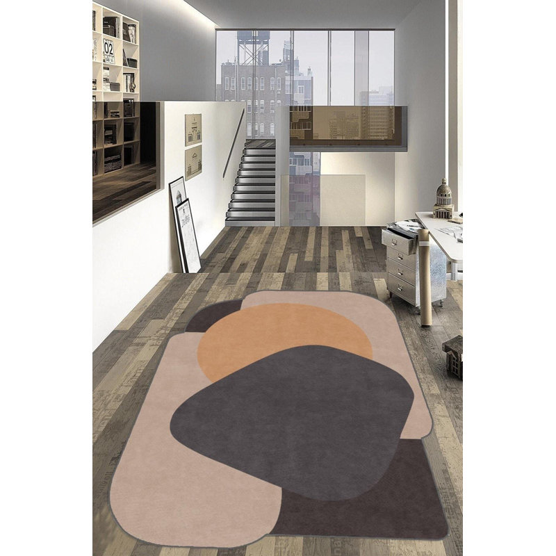 Khairo Brown Abstract Digital Print Cotton Polyester Non-Slip Area Rug, Tapis de couloir 3 pi 11 po x 11 pi 5 po