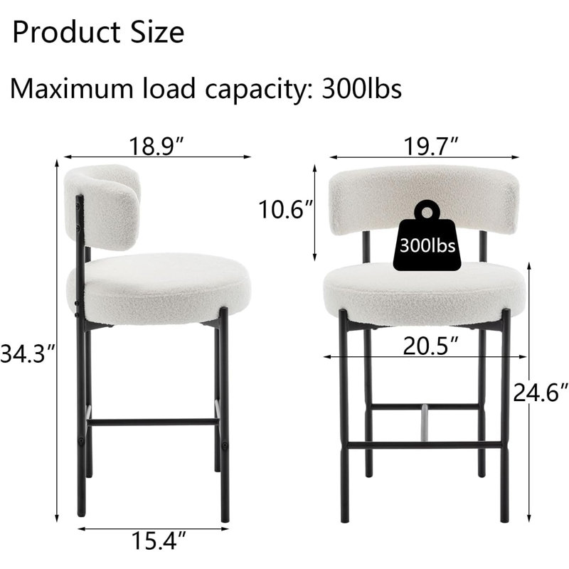 Boucle Bar Stools Set Of 3, 24" Modern Counter Stools With Backs, Upholstered Barstools For Kitchen Island, Bar, Cafe, White