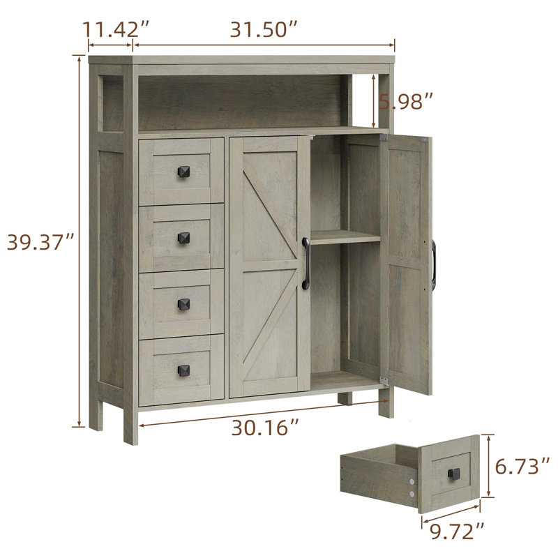 Farmhouse Storage Cabinet With 2 Doors And 4 Drawers, Gray Oak