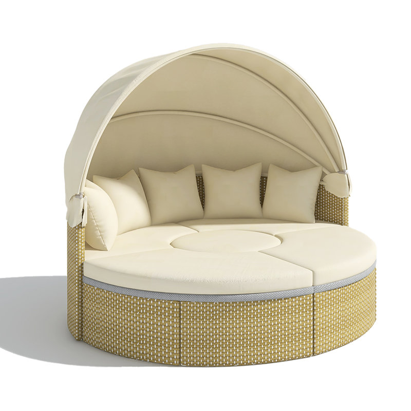Patio Round Rattan Daybed Two-Tone Weave Sunbed With Retractable Canopy And Cushions, Beige