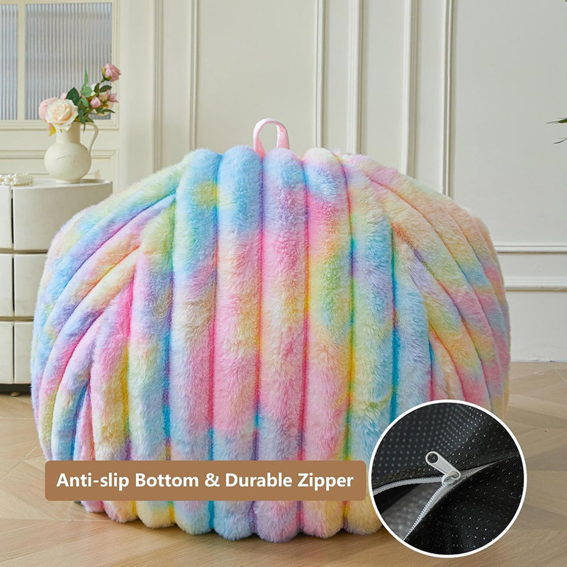 Housse de fauteuil moelleux en fausse fourrure de lapin (sans rembourrage), sac de rangement à poils longs à rayures Tie Dye pour jouets en peluche, housse de fauteuil à billes nervurée floue