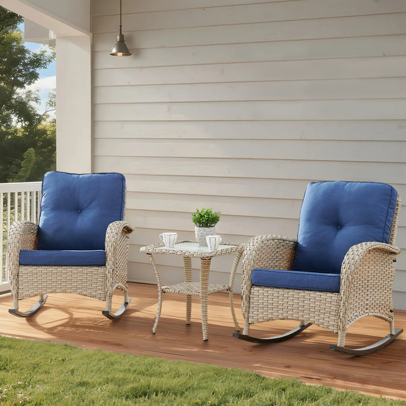 Wicker Rattan Outdoor Rocking Chair Set With Side Table (2 Chairs And 1 Side Table)