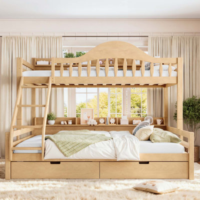 Lit superposé simple au-dessus de grand lit simple avec rangement, garde-corps courbé et tablettes latérales, structure en bois massif, aucun sommier nécessaire, naturel