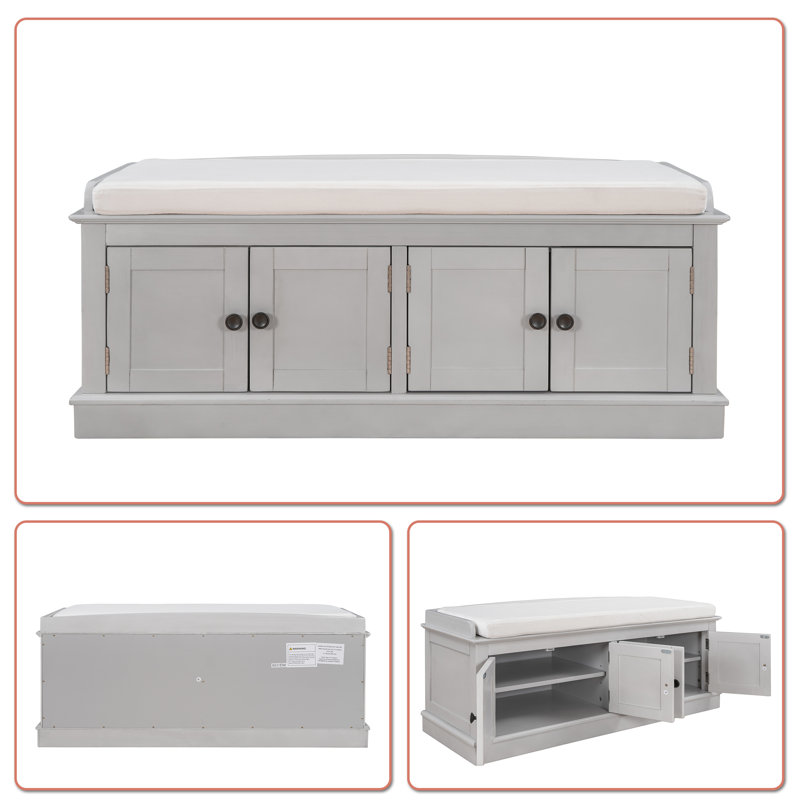 Linen Blend Upholstered Storage Bench, Gray Wash