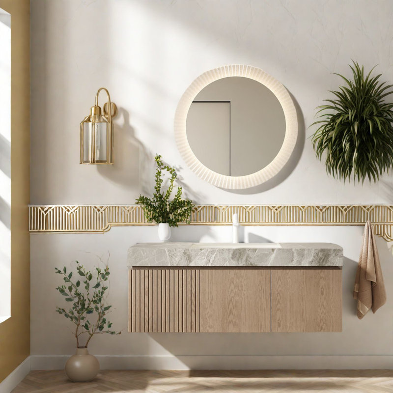Meuble-lavabo moderne avec rangement, meuble-lavabo en contreplaqué et lavabo en céramique, plateau en pierre gris clair