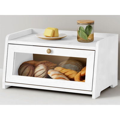 White Bread Box For Kitchen Countertop, Modern Counter Breadbox For Homemade Bread, Large Corner Bread Storage Container For Sourdough Loaf Organizers And Storage (White Bamboo Wood)
