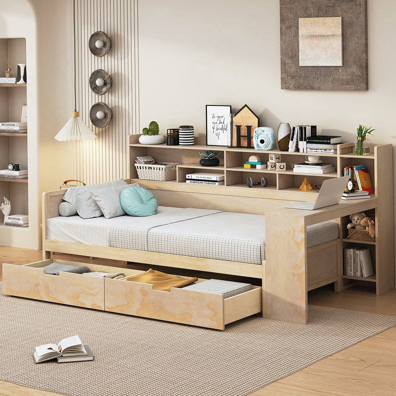 Wooden Twin Size Daybed with Storage Shelves, Multi-functional Bed with Two Storage Drawers, Natural