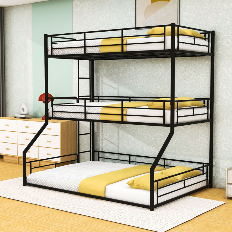 Triple Metal Bunk Bed with Safety Guardrails, Noise-Minimized Structure, Twin Over Twin Over Full, Black
