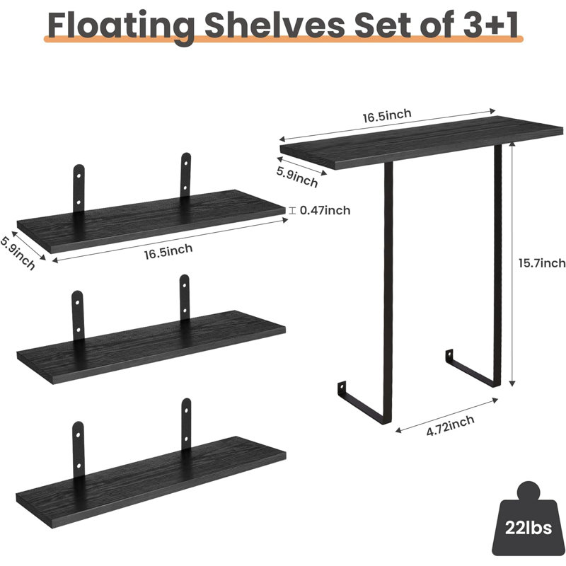 Tablettes flottantes 3 + 1 niveaux, Noir