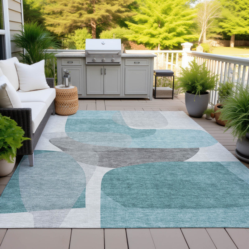 Machine Washable Indoor/Outdoor Xhevrie Teal Rug, Rectangle 10' x 14'