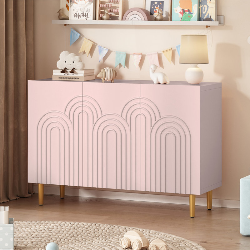 Pink MDF 47" Sideboard Buffet Cabinet with Cloud Relief Design
