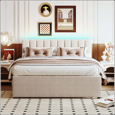 Queen Upholstered Platform Bed with Trundle and LED Lights