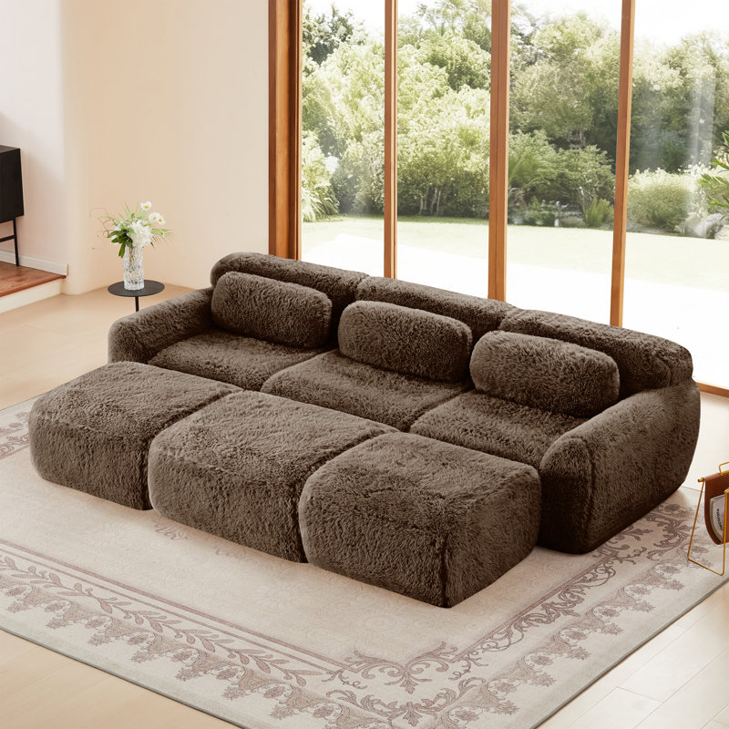  Canapé 3 places pelucheux avec repose-pieds, sans assemblage, 32D, chocolat, Brun