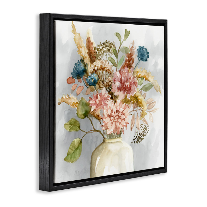 Bouquet d'aquarelle fleurs sauvages, Cadre flottant noir de jais, H 25 po x l 25 po
