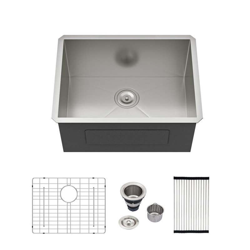 23" W × 18" L Undermount Stainless Steel Kitchen Sink, Deep Single Bowl Laundry Sink with Sink Grid, Roll-up Rack and Strainer