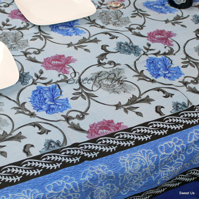 Floral 100% Cotton Tablecloth, Blue, 104" L x 70" W