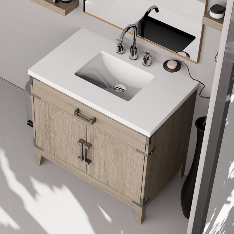 Meuble-lavabo gris en chêne gris L x P 22 po, comptoir en quartz blanc, miroir 34 po, robinet agréable P 36 po 22 po avec miroir 34 po et robinet inclus
