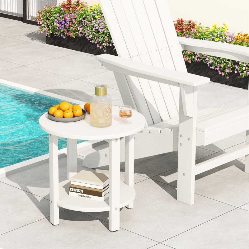 Table d'appoint ronde extérieure Adirondack, table de patio en PEHD résistante aux intempéries avec tablette de rangement