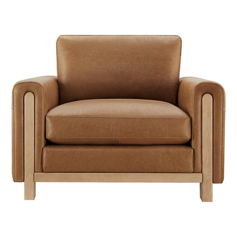 Fauteuil club en cuir véritable 43,3 po Adika avec garniture en bois, Cognac