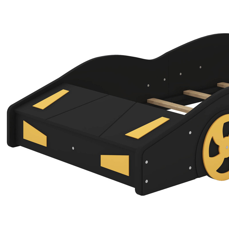 Lit plateforme simple en forme de voiture avec roues et rangement, Lit simple, Noir