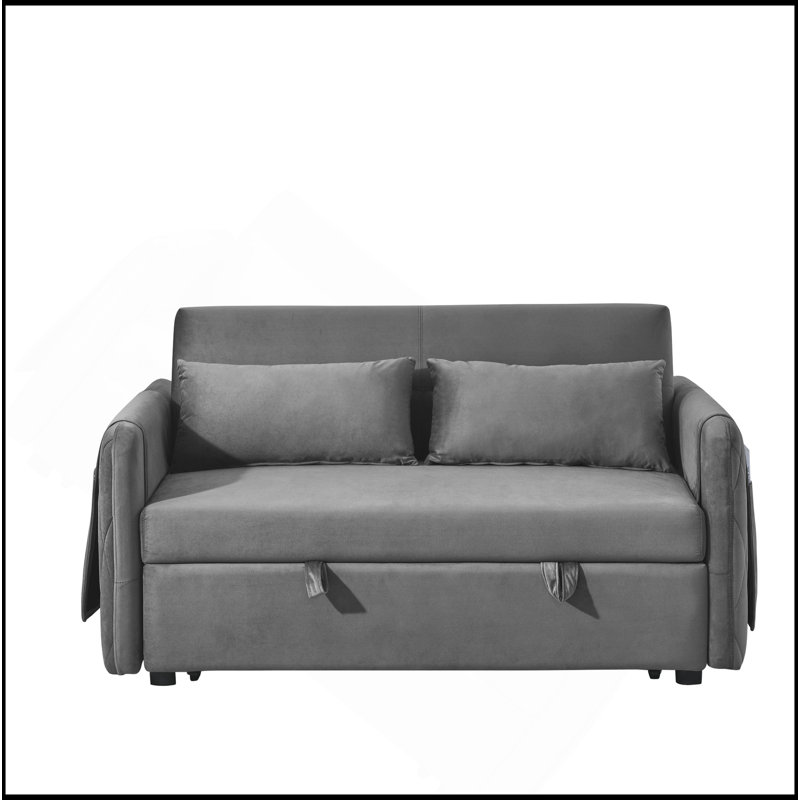 Canapé-lit moderne convertible de 55 po avec 2 poches pour accoudoirs amovibles, canapé-lit en velours avec lit escamotable, 2 coussins et dossier réglable pour le salon, accoudoirs à motif quadrillé
