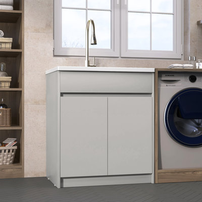 36'' L X 30'' W Kitchen Sink Light Grey Laundry Soild Surface Sink With Vertical Storage Cabinet, Perfectly Combining Practicality And Aesthetics, No Faucet