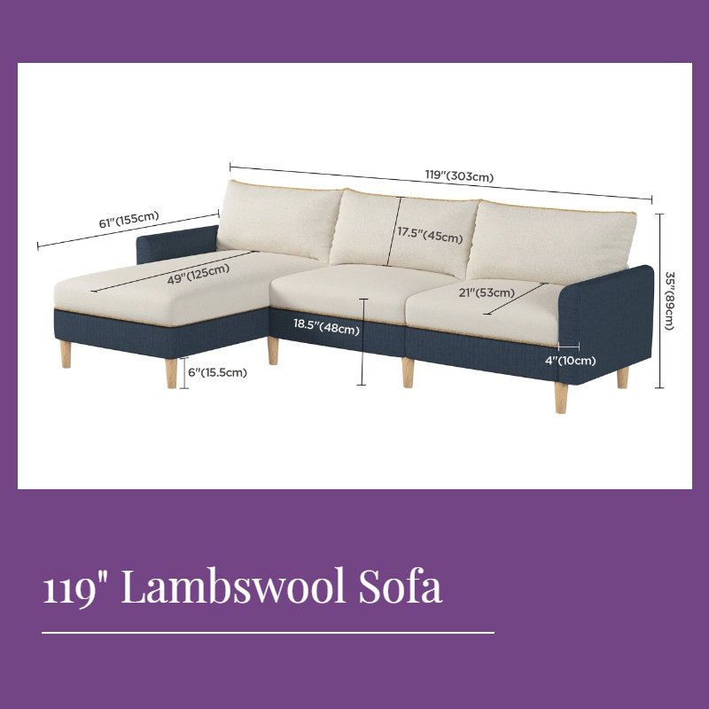 Canapé modulaire en L en laine d'agneau avec méridienne et design bicolore