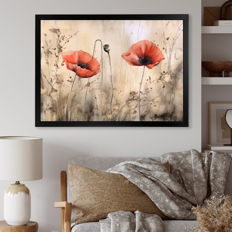 Brilliant Poppies III sur toile, H 16 po x l 32 po x P 1 po, Cadre photo noir simple