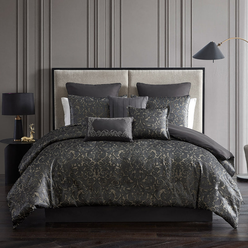 Ensemble d'édredon 5 pièces Delery, Édredon grand + 2 taies décoratives + 3 coussins, Gris anthracite