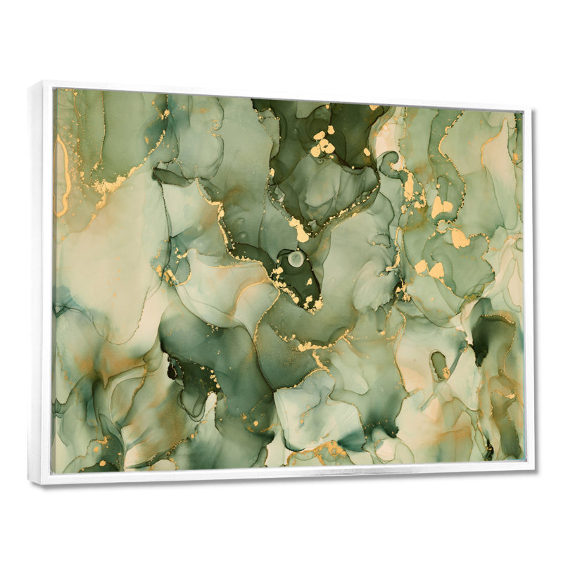 " Green Luxury Abstract Fluid Art I " by Designart, 24" H x 32" W, Floater Framed Print, White