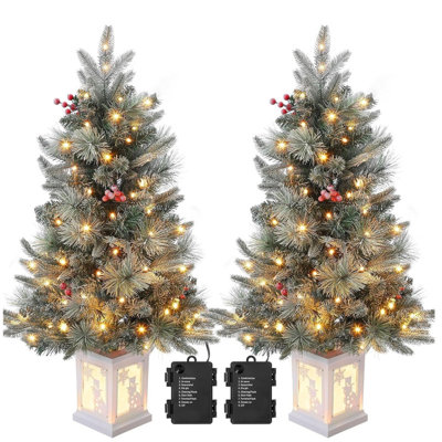 Christmas Tree 3FT Pre-Lit Artificial Xmas Tree with 78 LED Lights, Snow Flocked, Potted Base, Battery Operated, Easy Fold Storage, Small Christmas Trees for Indoor Outdoor Decor Battery Powered Light