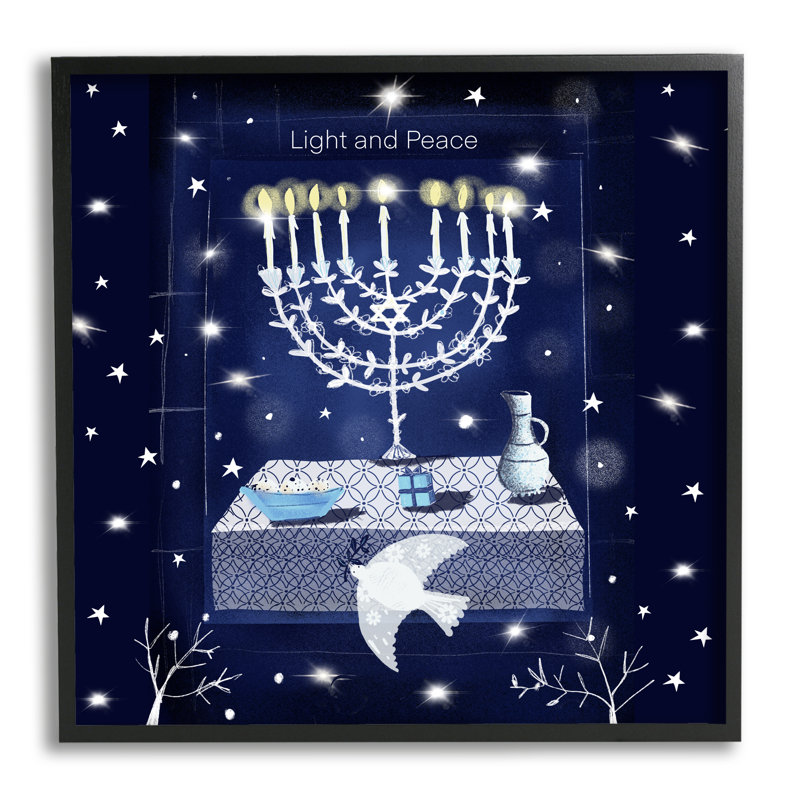 «Light & Peace Menorah Stars» encadré sur bois par Susse Linton, impression, Giclée encadrée noir minuit