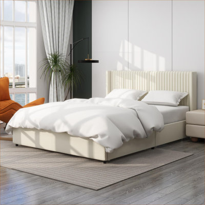 Grand lit plateforme avec rangement à 2 tiroirs en lin et velours beige à oreilles