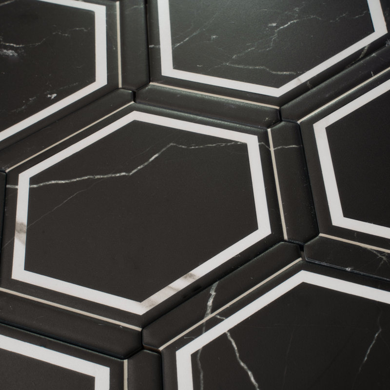 Aureole 8,66 po X 9,84 po Carreau de mur et de plancher en porcelaine hexagonale noir mat et blanc (8,07 pieds carrés / caisse) - 18 feuilles