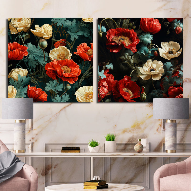 Hasson - Ensemble de 2 collages carrés floraux, Toile tendue, H 30 po x l 61 po