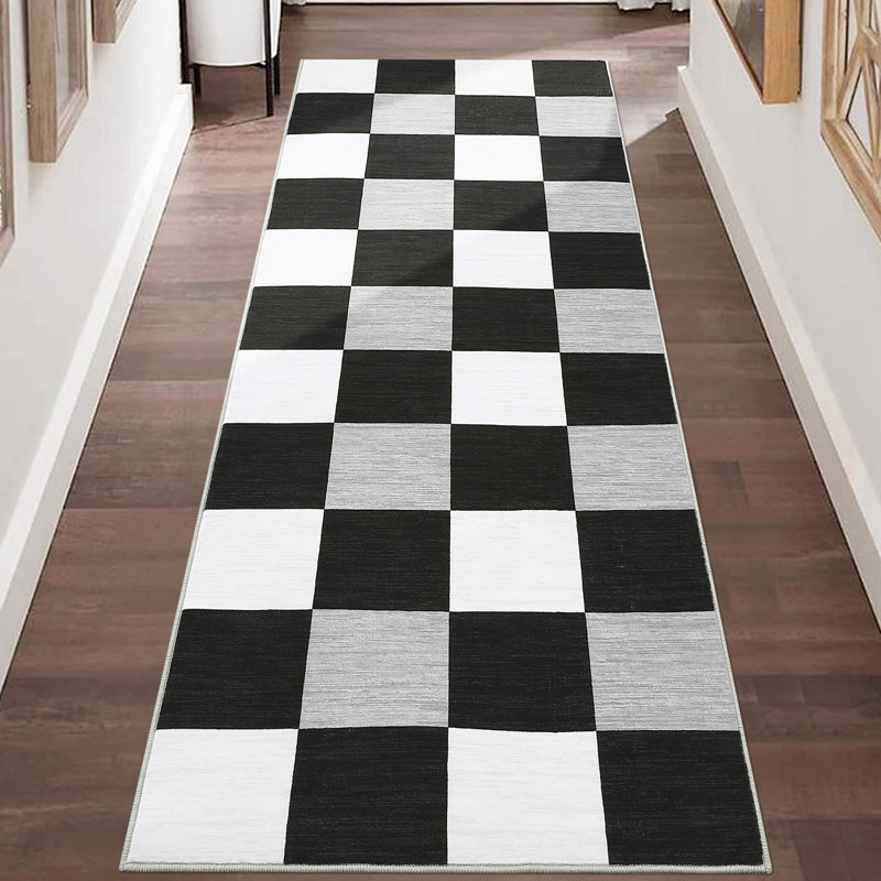 Plaid Printed Runner Rugs 2x6 Modern Hallway Rugs with Non-Slip Backing, Non-Shedding Geometric Indoor Carpet Mat, Foldable Thin Floor Cover for Laundry, Bedroom, Kitchen, Black