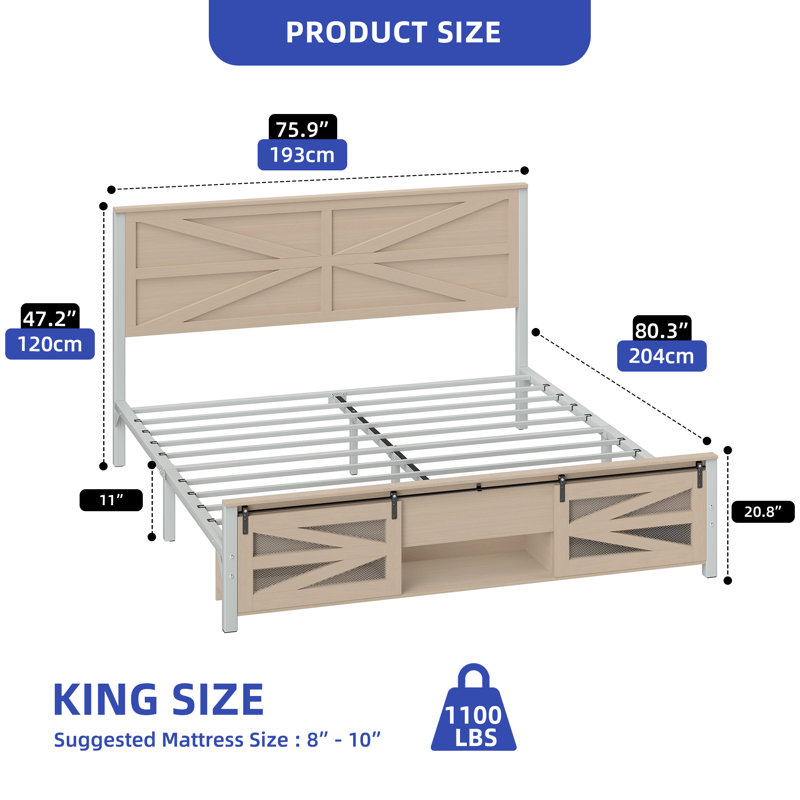 Farmhouse Rustic Platform Bed, King, Oak
