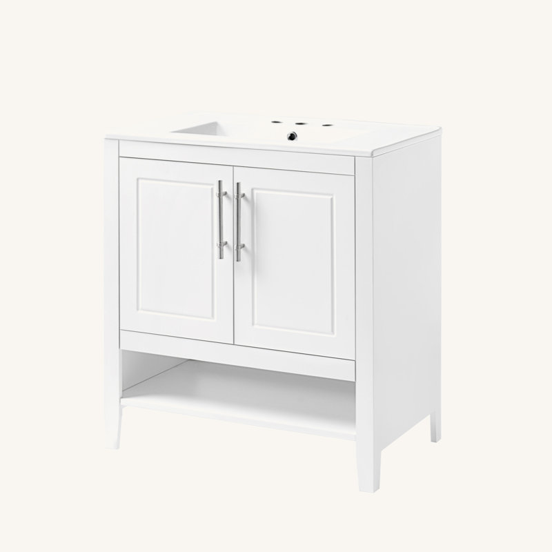 Meuble-lavabo 30 po avec lavabo, armoire de salle de bain multifonctionnelle avec portes et tiroirs, structure solide et panneau de fibres à densité moyenne