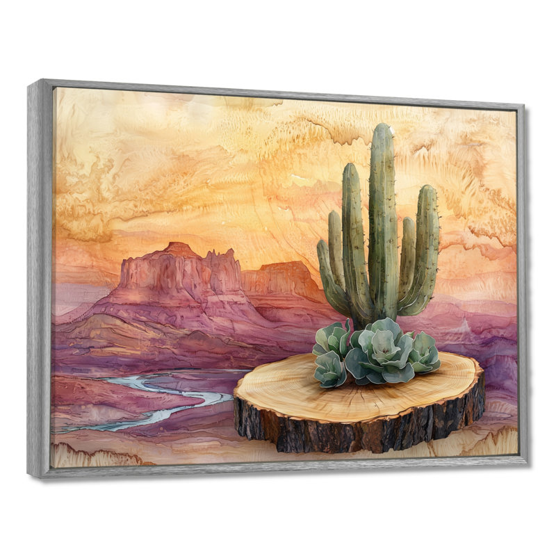 Cactus du désert sur un plateau en bois I - Cactus Wall Art, H 34 po x l 44 po, Cadre flottant, Argent argent