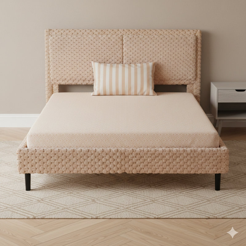 Simple, Modern Bed With A Camel-Colored Plush Soft Upholstery For Comfortable Backrest, Queen Size.