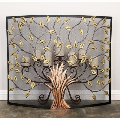 Aashay Bronze Metal Sculpted Relief Single Panel Tree Fireplace Screen with Curved Mesh Netting