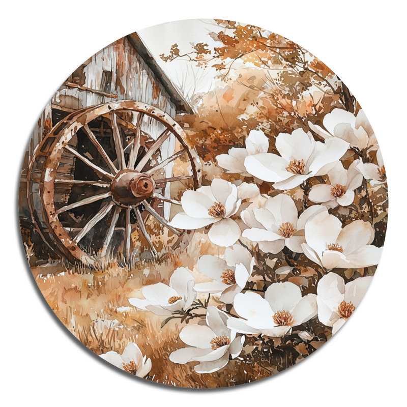«Magnolias By The Wagon Wheel II», art mural rond en métal Magnolias, H 36 po x l 36 po