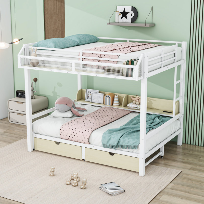 Lit superposé avec tablettes de rangement, tiroirs, ports USB et lumières DEL, Grand sur grand, Blanc